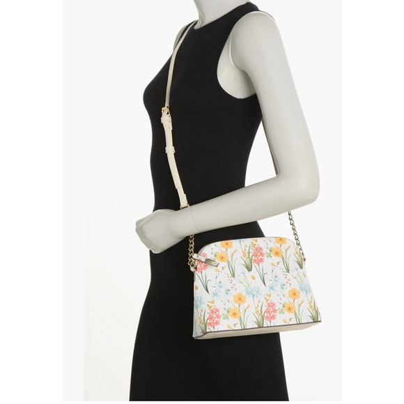 Nanette Lepore Floral Dome Crossbody Bag White Saffiano Gold Chain Strap Purse - Picture 2 of 5